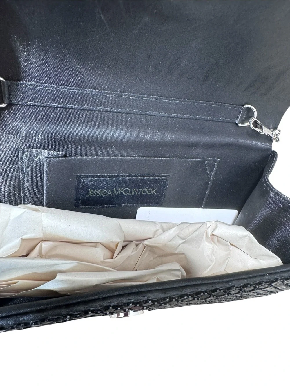Jessica McClintock Black Sequin Evening Clutch Purse Silver Chain Strap